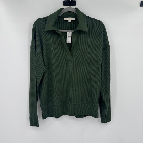 NWT Loft Women's Medium Casual Waffle V Neck Long Sleeve Rayon Green Sweater - Picture 2 of 10
